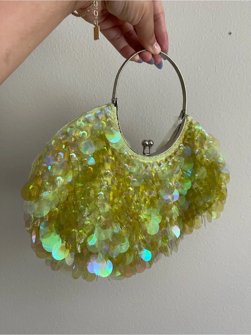 Iridescent Lime Sequin Halo Handle Clutch